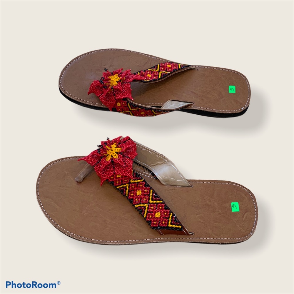 Hand-Beaded Red Floral Women's Sandals with Brown Footbed